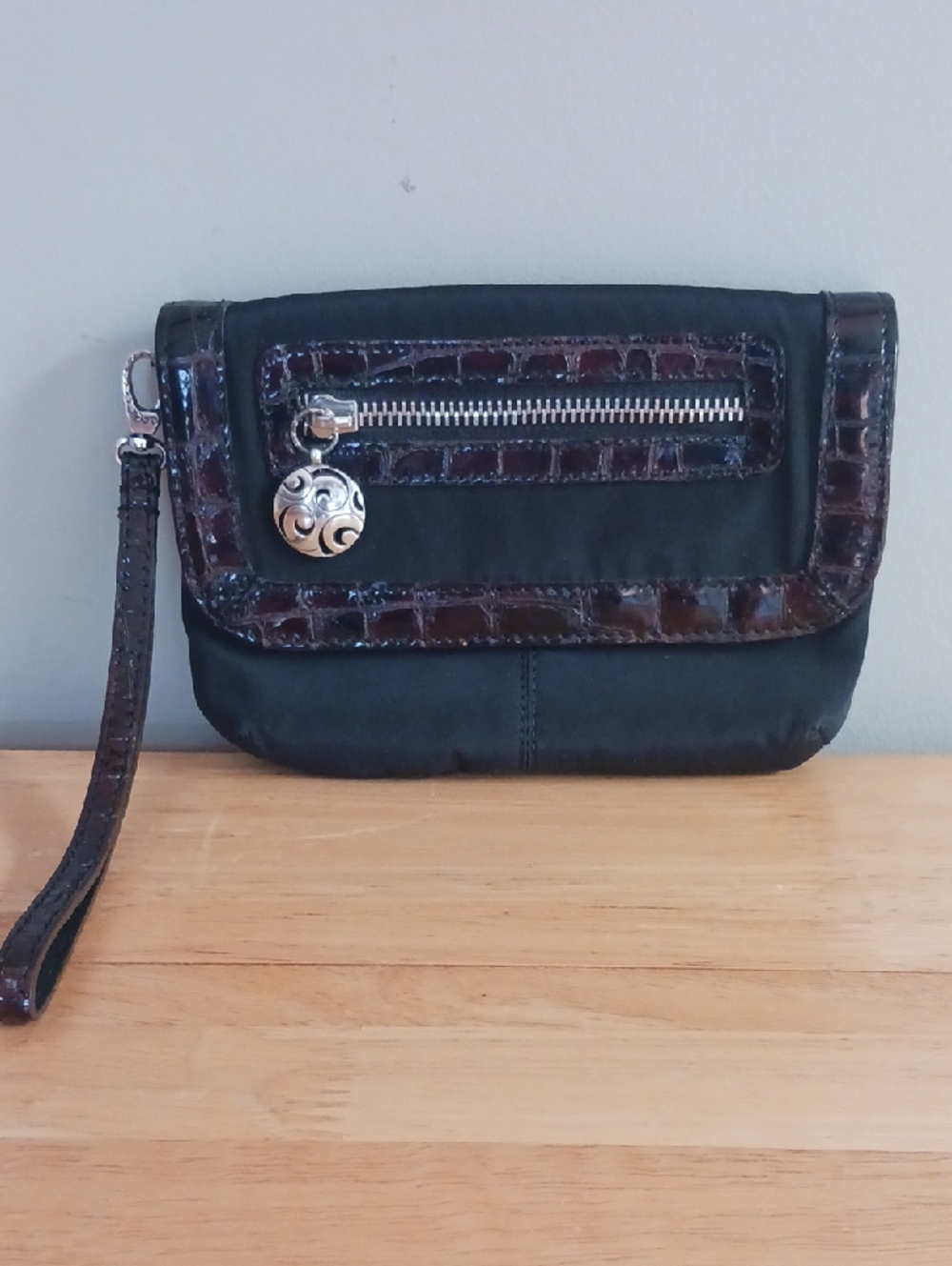 Brighton Black Nylon Croc Embossed Brown Wristlet